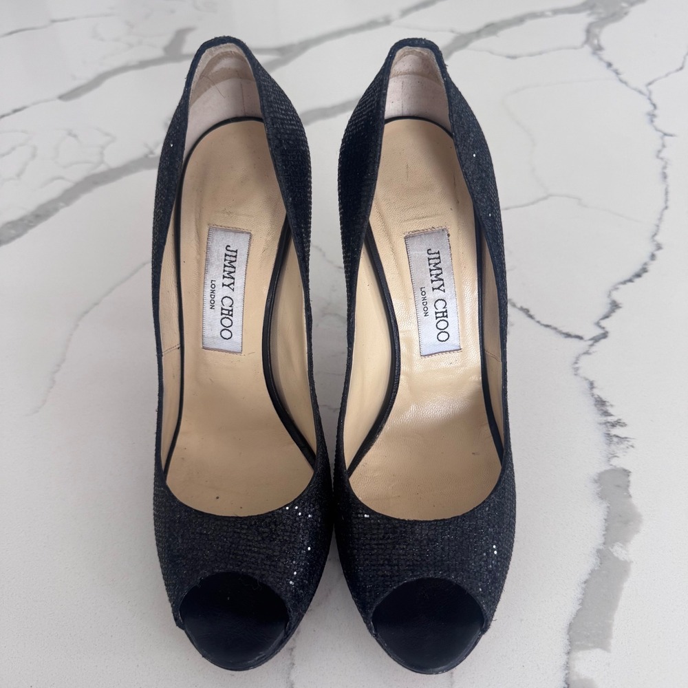 Jimmy Choo Black Glitter Peep Toe Platform Pumps Stiletto Heels Size 38.5